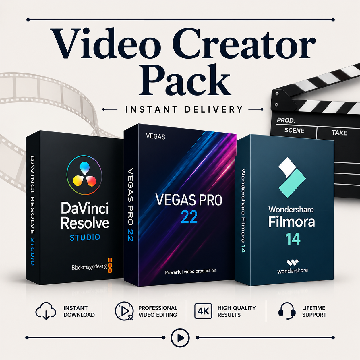 Video Creator Pack | DaVinci Resolve Studio + VEGAS Pro 22 + Wondershare Filmora 14 | Lifetime License | Instant Digital Download